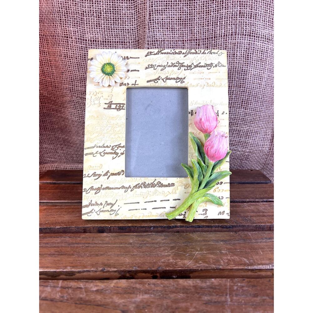 Vintage Cast Resin 3D Tulip Daisy Desktop Frame~Script Writing~Glass Cover~3x5